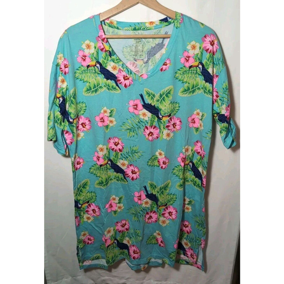Victoria Secrets Secret Treasures Floral Nightgown Aqua Floral Tucan - Picture 1 of 7